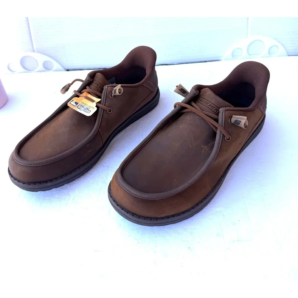 Skechers New Brown‎ Distressed Leather Hands Free Bungee Moc Slip On Loafer 9.5